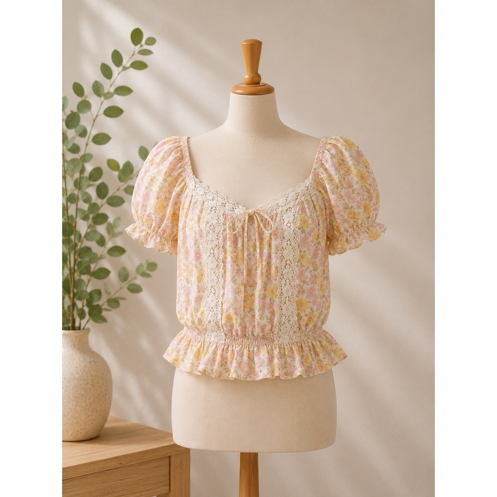 Delicate Pink & Yellow Floral Lace-Trim Peasant Blouse Size L